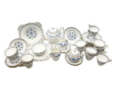 Tuscan Love in the Mist pattern tea wares, comprising teapot, fourteen teacups, fourteen saucers, fourteen side plates, milk 