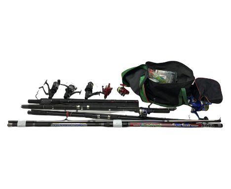 Fishing tackle including first mariner 8000 evo and other reels, unused carp line, Matt Hayes adventure 3.30m three piece car