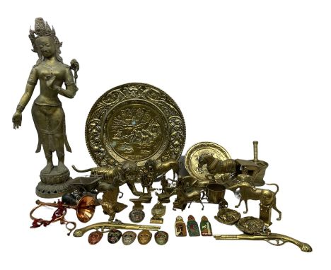 Large brass sculpture, together with a quantity of metalware, including brass tiger with gaping mouth, copper horn, brass dog