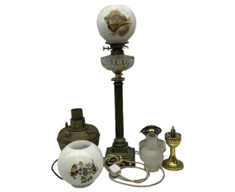 Victorian brass oil lamp converted to electricity, the square stepped base with a reeded doric column leading to a cut clear 