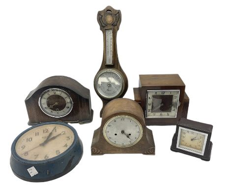 A selection of mid-20th century and later mantle clocks, aneroid barometer and Smiths mains electricity Sectric clock for rep