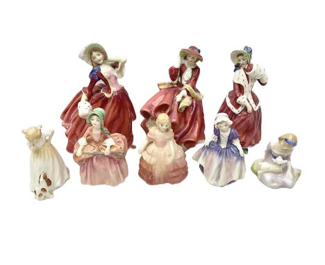 Eight Royal Doulton figures, comprising Mary had a little lamb HN2048, Sit HN3123, Bo-peep HN1811, Dinky do HN1678, Rose HN13