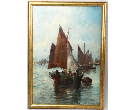 J Fernier, early 20th century oil on canvas, sailing barges Fecamps Harbour Normandy, 70cm x 47cm, framed2 small patch repair
