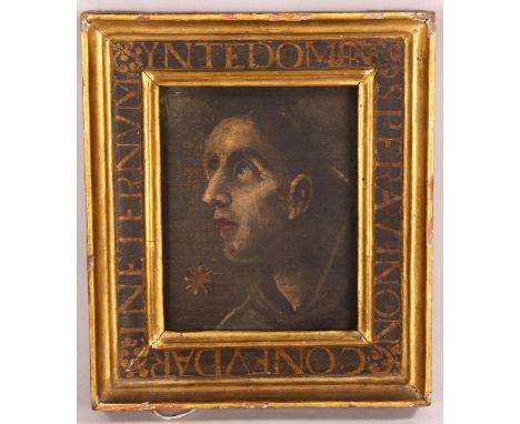 Oil on canvas, portrait of a man staring at the moon with a star behind, unsigned, probably 17th or 18th century, 17cm x 13.5