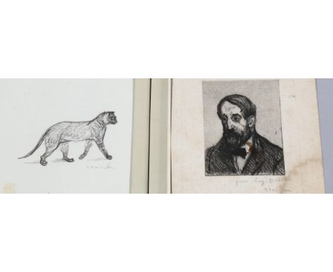 Steinlen (1859 - 1923), charcoal study of a cat, signed, 27cm x 19cm, together with a portrait engraving, signed in pencil, i