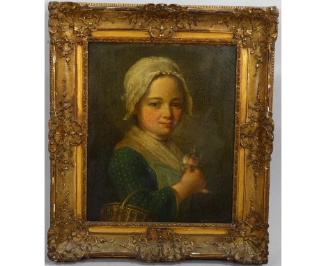 18th century French School, oil on canvas, portrait of a young girl with a flower basket, unsigned with various labels verso,