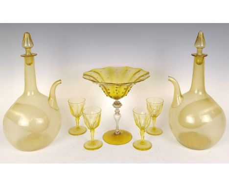 A set of four yellow wine glasses and assorted glassware (qty)