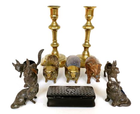 A pair of 18th century brass candlesticks, 18.5 cm high, various animal pen wipes and other items (box)