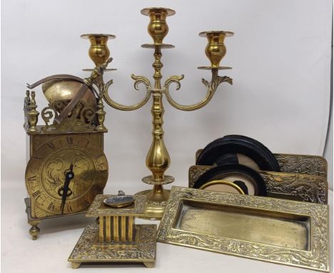 A brass lantern clock, 12 cm high, with a battery movement, a Chinese style desk set, comprising of an inkwell, letter rack, 