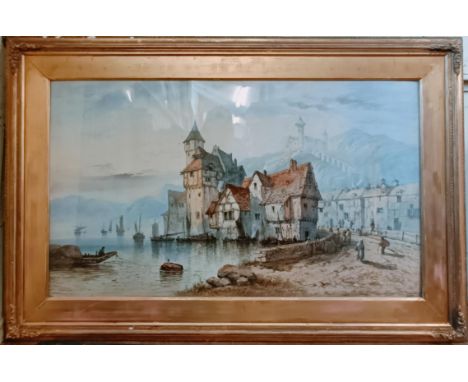 19th century, Continental school, landscape with a village by a lake, watercolour, 70 x 120 cm