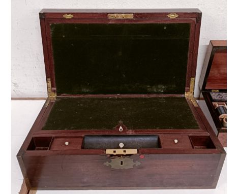 A 19th century mahogany and brass bound writing slope, 50 cm wide, a tea caddy, a work box, a writing box, and a suitcase (5)