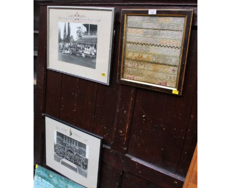 Vintage needlework tapestry dated 1889, Isabella aged 10 years, 36 cm x 32 cm, and two university photographs, Cambridge Univ