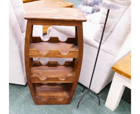 Fruitwood wine rack and wrought iron candlestick holder  