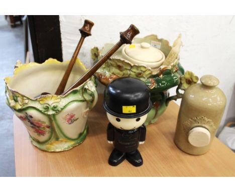 Two floral patterned planters, pair of wooden candlestick holders, Homepride Fred figure, stoneware hot water bottles etc