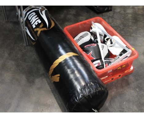 One X Sport punch bag and box of boxing gloves and strength training accessories