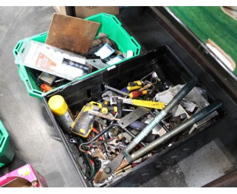 Two boxes of hand tool, screwdrivers, spanners, shears etc