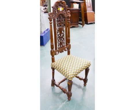 19th century hall chair, in the 17th century Dutch style, with carved back and tapestry overstuffed seat, 129 cm high