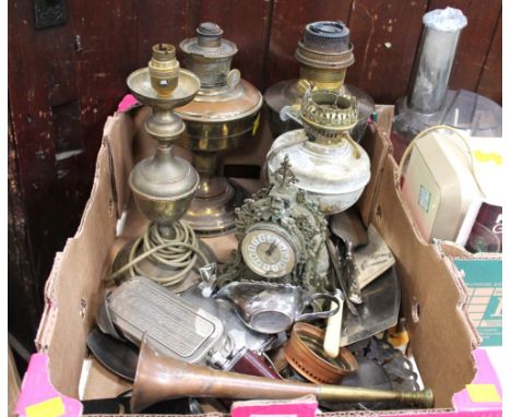 Box of Aladdin oil lamp bases, brass lamp base, mantel clock, vintage razors, hip flask, lighters etc 