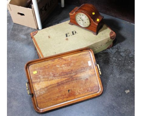 Canvas suitcase, wooden breakfast tray and wooden mantel clock 