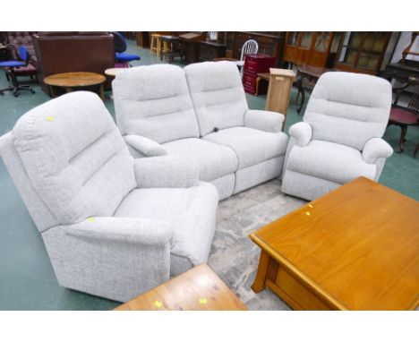 Two seater settee and two armchairs in light grey  