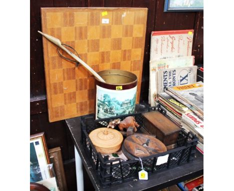 Wooden chessboard, shoehorn, wooden trinket boxes, carved elephants etc  