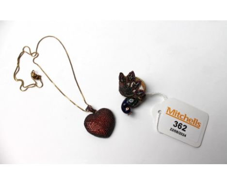 Beaded heart shaped pendant on chain, clasp marked 925, and silver gilt peacock form ring