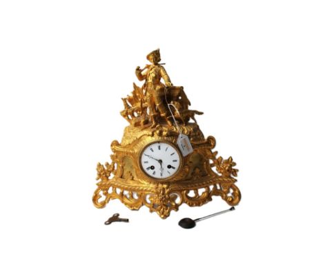 Antique style French ornate figural mantel clock, 36 cm high