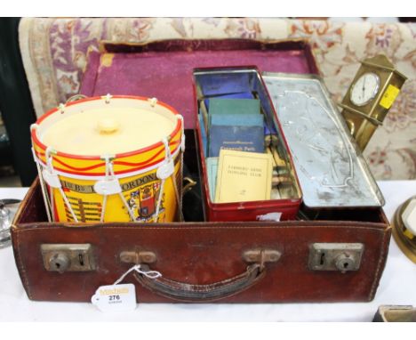Vintage leather suitcase of Gordon Highlanders biscuit tin, East West Homes Best tin containing 1940's bowling club season ca