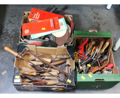 Three boxes of sanding discs, chisels, hand tools, screwdrivers, trowels etc