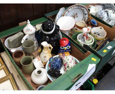 Two boxes of pottery mugs, ceramic pig money box, plates, vases, trinkets, ornaments etc 
