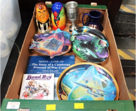 Box of Star Trek collectors' plates, Spiderman and Newcastle United Matryoshka dolls, Pye Monarch record player, Moota Camp -