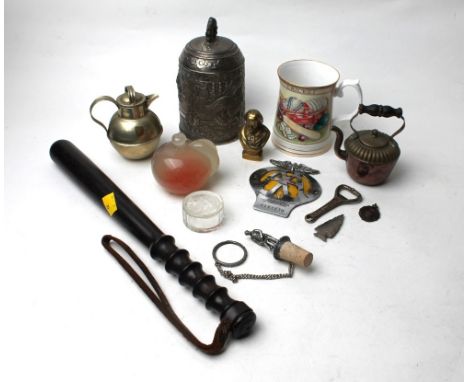 Hardwood baton, AA badge, Oriental patterned metal canister, miniature kettles, glass paperweight, bottle stoppers, cricket m
