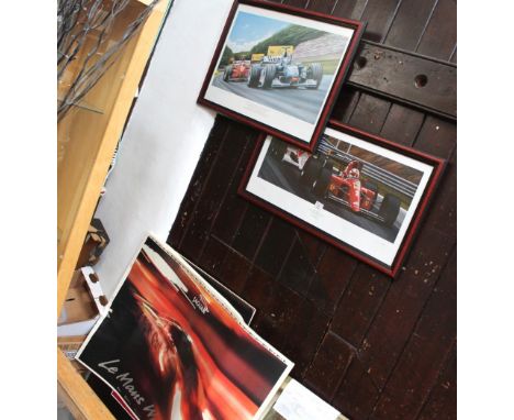 Three motorsport pictures, David Coulthard First GP Win 1998, Nigel Mansell First Victory for Ferrari 1990 and poster Le Mans