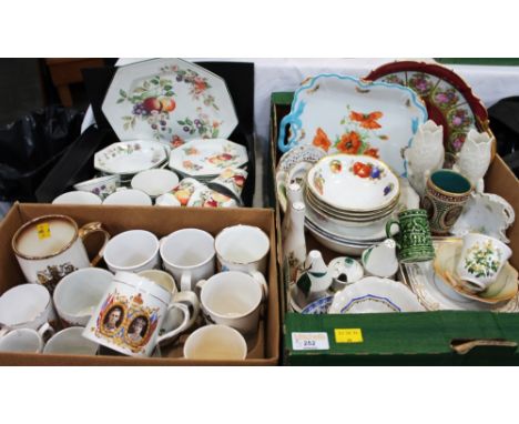 Three boxes of commemorative mugs, Johnston Brothers Fresh Fruit pattern teaware, figures, part tea sets, condiment sets, cer