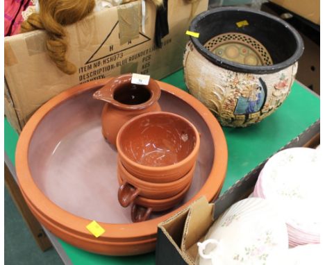 Large terracotta Solarlab bonsai tree planter, 37 cm diameter, three matching pouring bowls, jug, oriental brass spirit kettl