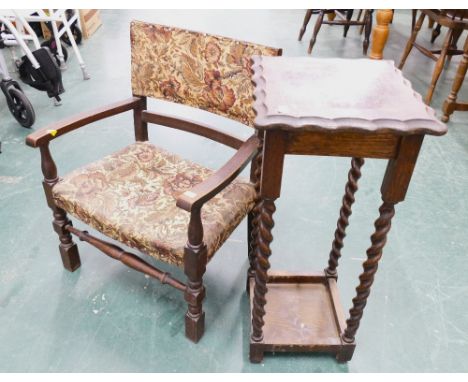 Oak plant stand and small tapestry oak armchair 