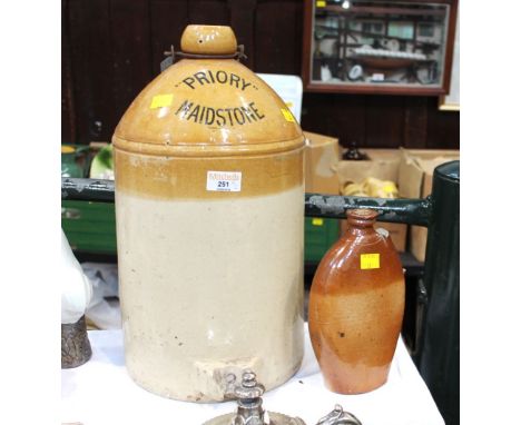 Stoneware brewery bottle marked Priory Maidstone and smaller ceramic flask, tallest 41 cm high