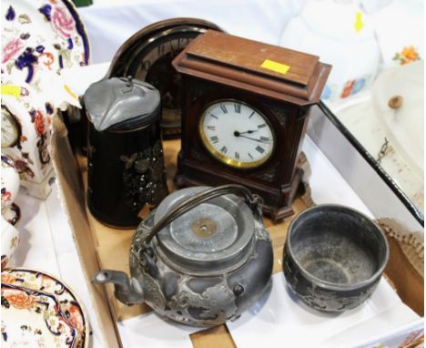 Small wooden mantel clock, battery operated wooden mantel clock with Oriental decoration, Chinese black pottery kettle with m