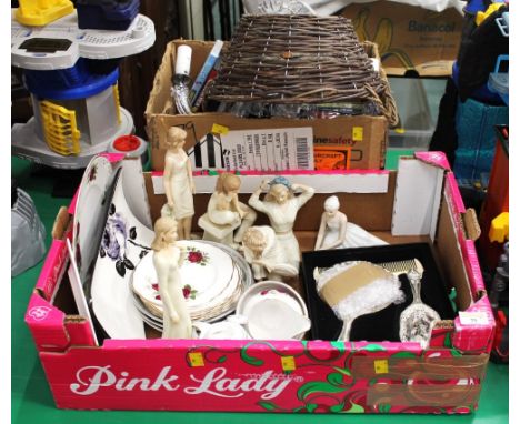 Two boxes of figurines, dressing table set, ceramics, DVD's, glass light fitting, wicker basket  