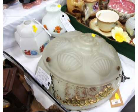Two Art Deco glass ceiling light shades and pair of white painted glass lamp shades