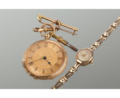 VICTORIAN EIGHTEEN CARAT GOLD OPEN FACE FOB WATCH WITH ENAMEL BIRD DETAIL
the gilt dial with floral motif and Roman numerals,