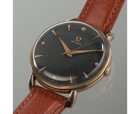 RARE GENTLEMAN'S 1950s BLACK HONEYCOMB DIAL OMEGA WRISTWATCH
1954, the black honeycomb dial with gilt arrow batons and hands,