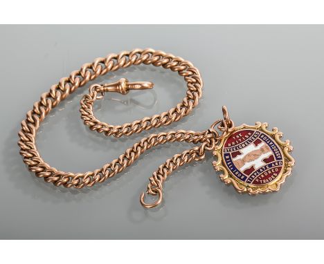 NINE CARAT ROSE GOLD GRADUATED CURB LINK POCKET WATCH ALBERT CHAIN WITH GLASGOW INTEREST FOB
each link hallmarked nine carat 