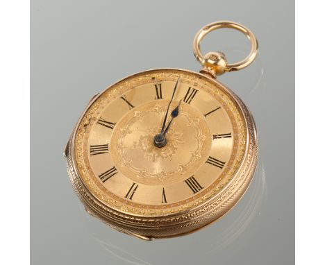 VICTORIAN EIGHTEEN CARAT GOLD OPEN FACE FUSEE FOB WATCH
the gilt dial with floral motif and Roman numerals, the case back eng