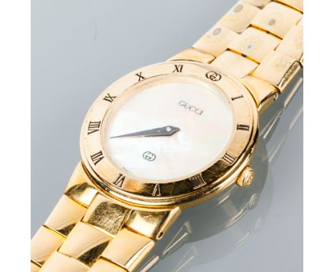 LADY'S GOLD PLATED GUCCI 3300L MOTHER OF PEARL QUARTZ DRESS WATCH
the mother of pearl dial with blued steel arrow hands, Roma