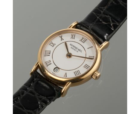 LADY'S GOLD PLATED RAYMOND WEIL GENEVE QUARTZ DRESS WRISTWATCH
the white dial with gold tone Roman numerals, date aperture at