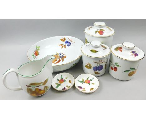 Three Royal Worcester Evesham pattern storage jars, a large bowl and a jug.