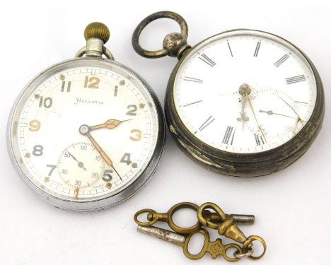 A Victorian silver gentleman's open face pocket watch, key wind, enamel dial bearing Roman numerals, subsidiary seconds dial,