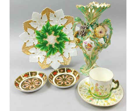 A collection of ceramics, to include a Meissen leaf shaped plate, a Victorian flower encrusted vase, pair of Royal Crown Derb