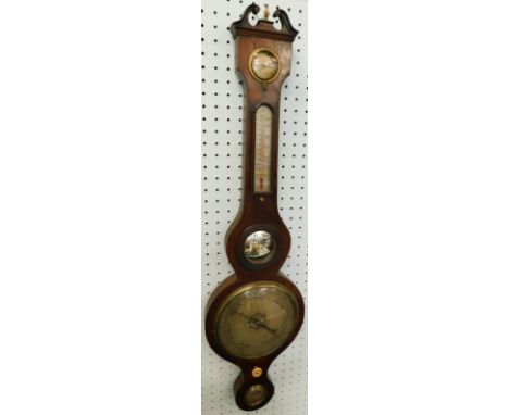 Bernasconi Leeds.  A mid 19thC boxwood and ebony strung wheel barometer, with dry damp gauge, mirror, thermometer, engraved d